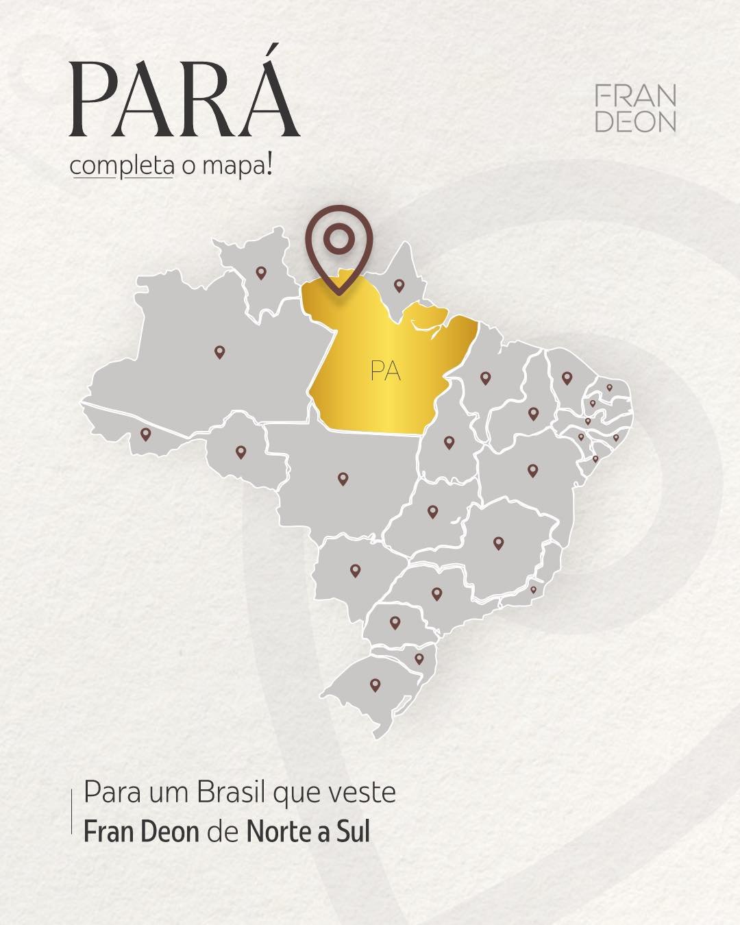 Pará era o último estado que faltava.
Hoje, a Fran Deon Couros está presente
em todo o Brasil.
De norte a sul, levando couro legítimo,
qualidade e peças que permanecem.

Fran Deon Couros
100% couro legítimo.

Compre no site
https://frandeonleather.com.br